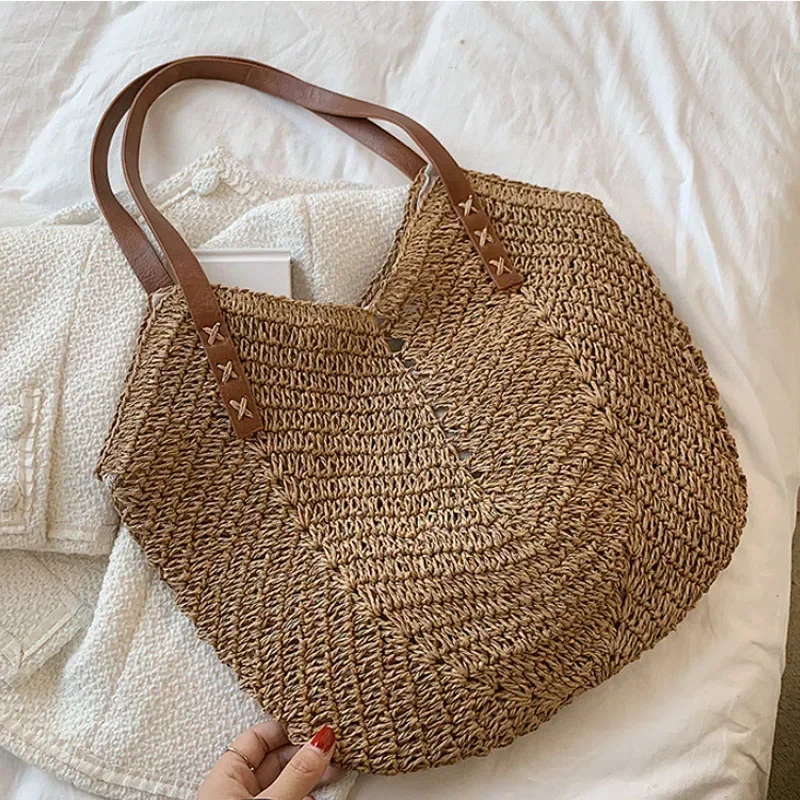 Summer Straw Bags for Women Straw Shoulder Bags Rattan Woven Top Handle Bag Hollow Raffia Crochet Beach Bag Casual Handbags 2024