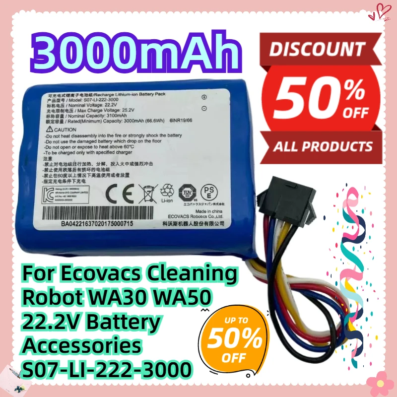 For Ecovacs Cleaning Robot WA30 WA50 22.2V 3000mAh Battery Accessories S07-LI-222-3000