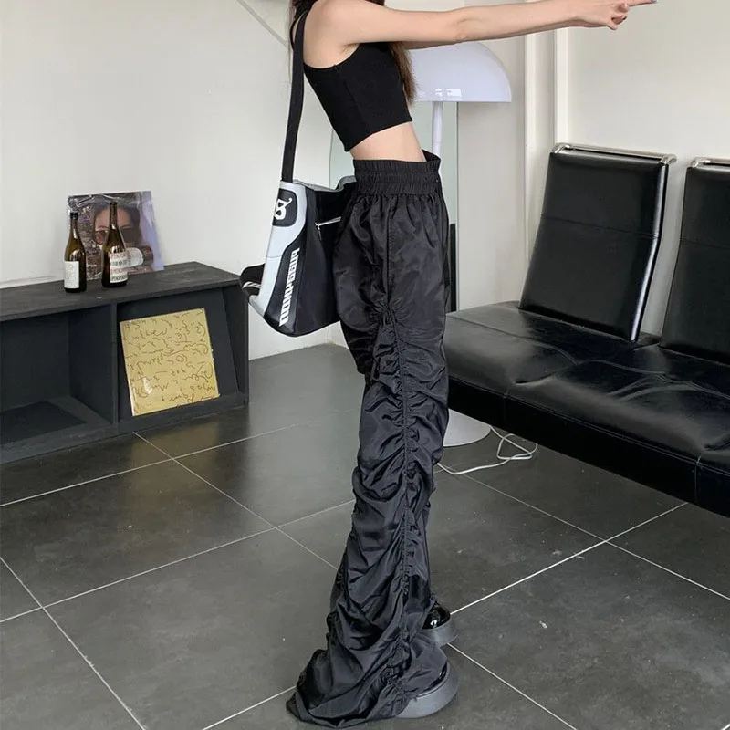 Lucyever Y2K Vintage Folds Wide Leg Trousers Women Diablo Style High Waist Drawstring Full Pants Unisex Bf Baggy Casual Pants