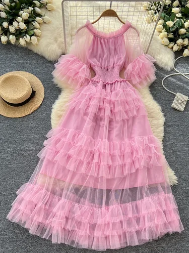 Imagen 2 del producto 2025 vestido de pastel de malla francesa de verano para mujer nuevo con cintura plisada mangas acampanadas elegante vestido de fiesta de cumpleaños C145