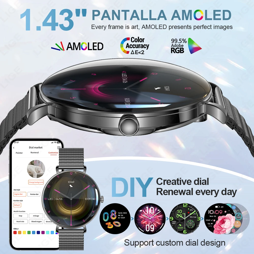 LIGE Nuovo Ultra Sottile Astuto Della Vigilanza 1.43 "AMOLED 466*466 Display HD Mostra Sempre Tempo Frequenza Cardiaca Chiamata Bluetooth Smartwatch Uomo Donna