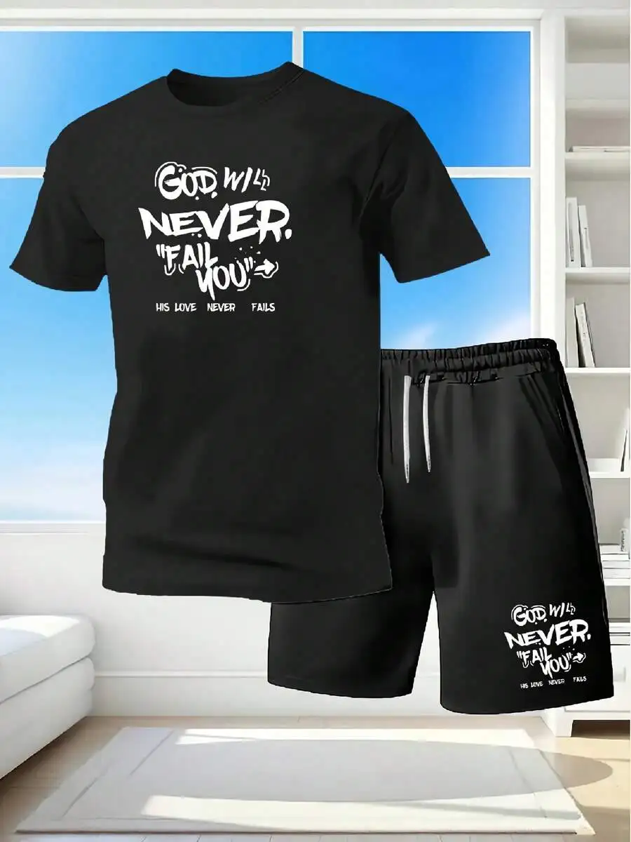 

Mens Casual 2-Piece Set T-Shirt And Drawstring Shorts With God Will Never Fail You Slogan