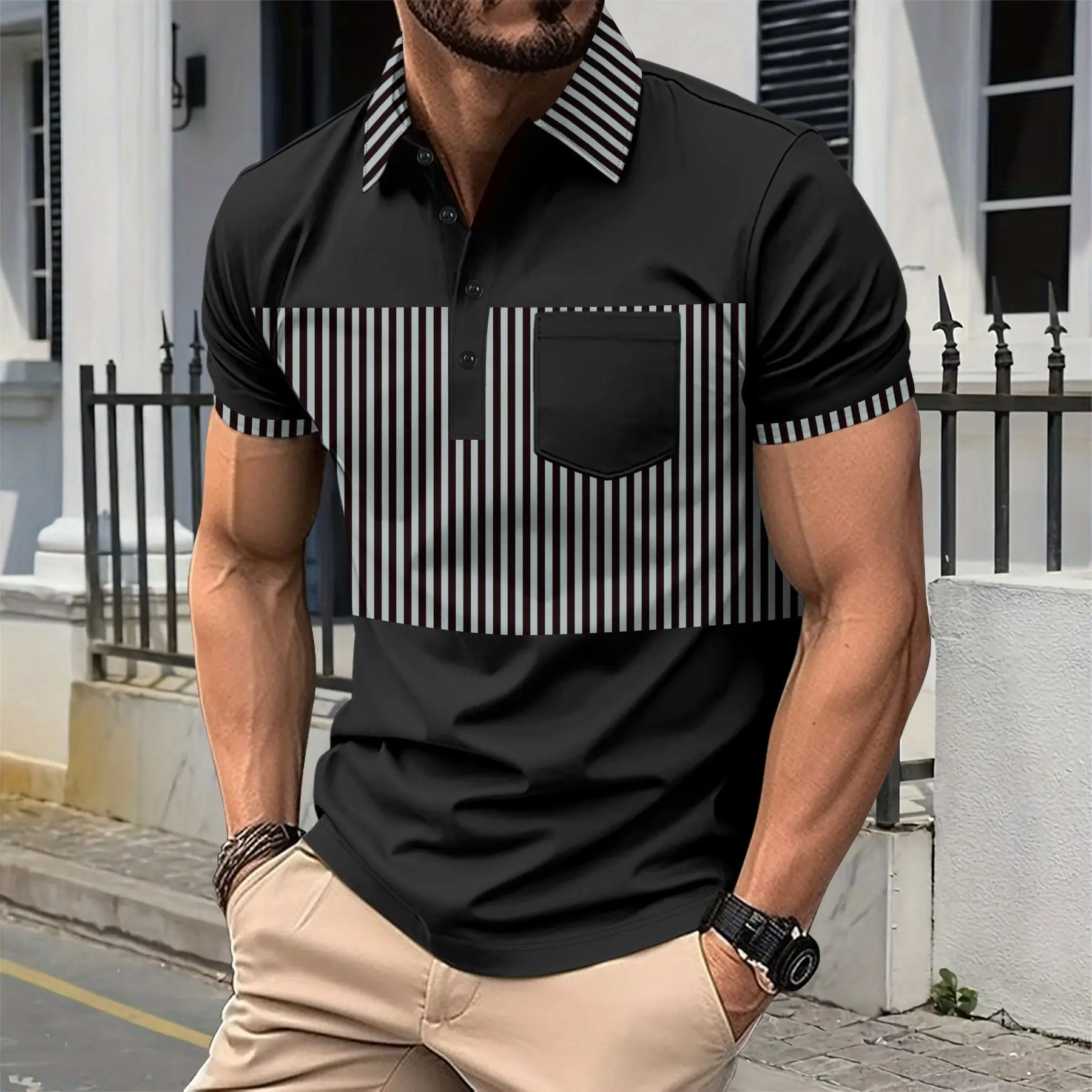 Men's fashionable new style casual Polo shirt (striped and color-matched design) with pockets and long snap collar T-shirt