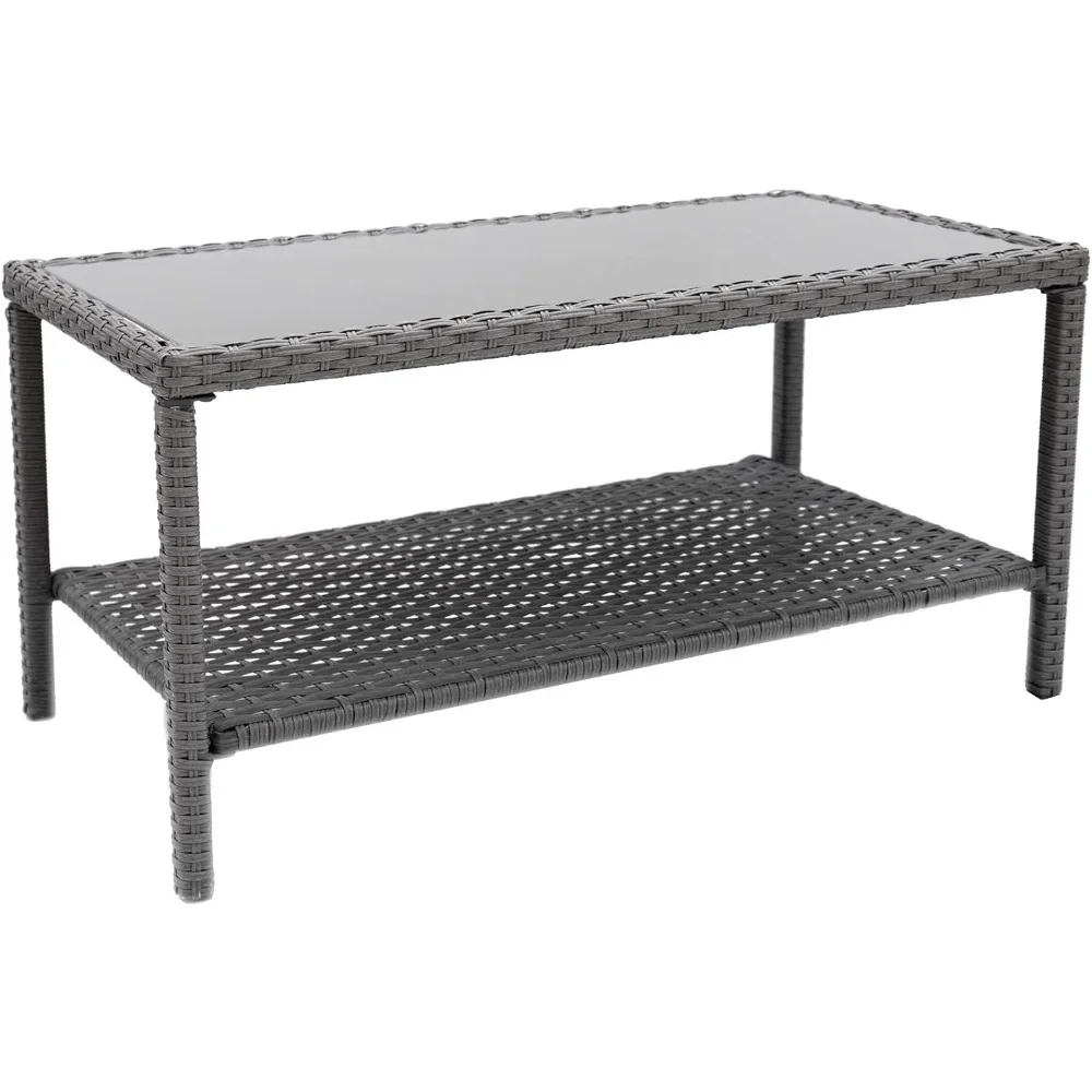 

Small Outdoor Coffee Side End Table for Outside Patio Storage, Gray All Weather Wicker with Glass Top, Rectangle,Outdoor Table