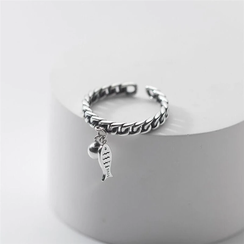 Sole Memory Cute Retro Bell Fish 925 Sterling Silver Female Resizable Opening Rings RI983