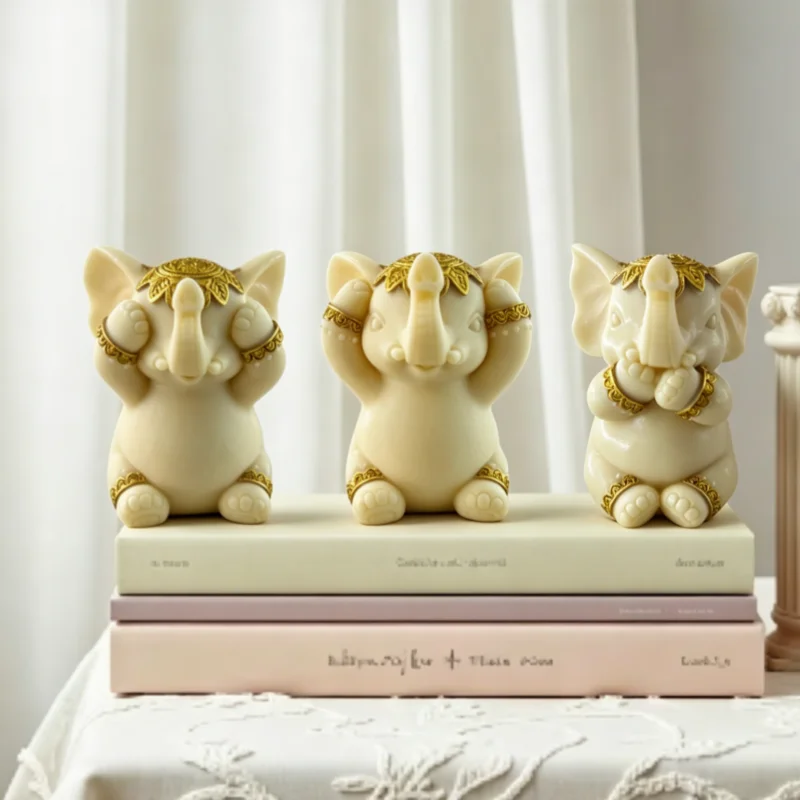 Three Wise Elephants Figurines Set - See Hear Speak No Evil, Ivory White & Gold Decor, Cute Resin Statues for Home Office