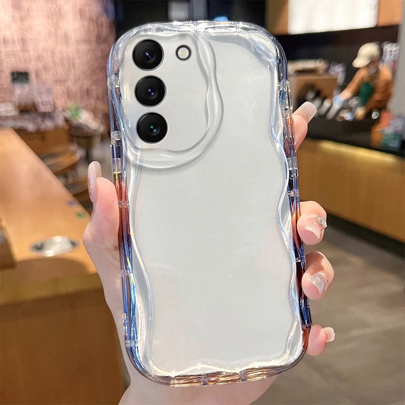 Transparent Phone Case For Samsung Galaxy S24 Ultra S23 S22 Plus S21 S20 FE A25 A55 A35 A15 A05 A05S Solid Color 3D Wave Cover