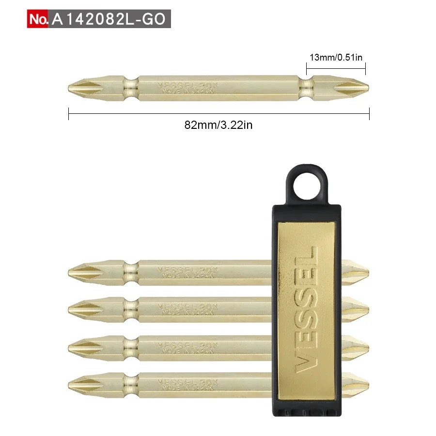 VESSEL Limited Edition Gold Color Magnetic Double Head Phillips Bit High Hardness Screwdriver Bit Electric Driver Bit A142082L