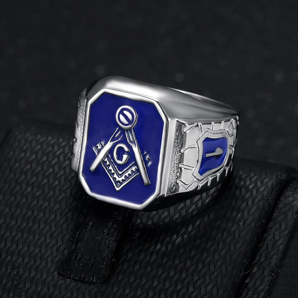 Classic Vintage Stainless Steel Masonic Ring Fashion Gold Color Blue Enamel Freemasonry Rings For Men Women Biker Jewelry Gifts