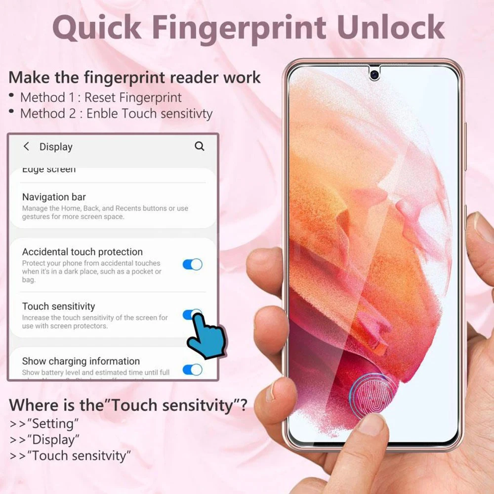 Entsperren Sie den Fingerabdruck ohne Loch, vollständig klebendes gehärtetes Glas für Samsung Galaxy S24 S23 S22 S21 S20 Plus Note 20 Ultra Displayschutzfolie – Detail 1