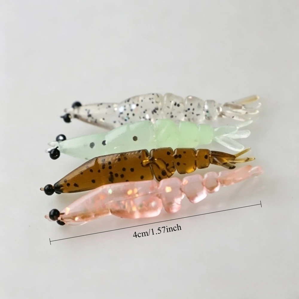 10/30 Stück 4 cm/1,57 Zoll segmentierte Garnelen-Weichköder, realistische 3D-Augen-Mikro-Schwimmköder für Süß- und Salzwasserbarsch und Forelle, zufällige Farbe – Detail 1