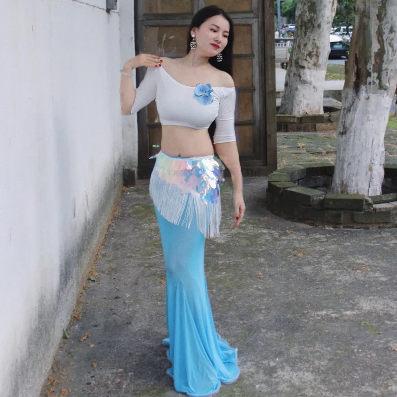 customized Belly Dance Costumes New Set Performance Dress Class Dress Sexy Temperament Practice Clothes Blue Fish Tail Skirt