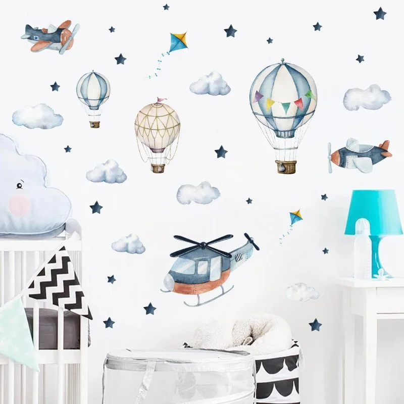 Cartoon Airplanes Hot Air Balloon Clouds Wall Stickers for Children's Room Kids Room Baby Boy Room Wall Decals Nursery Stickers