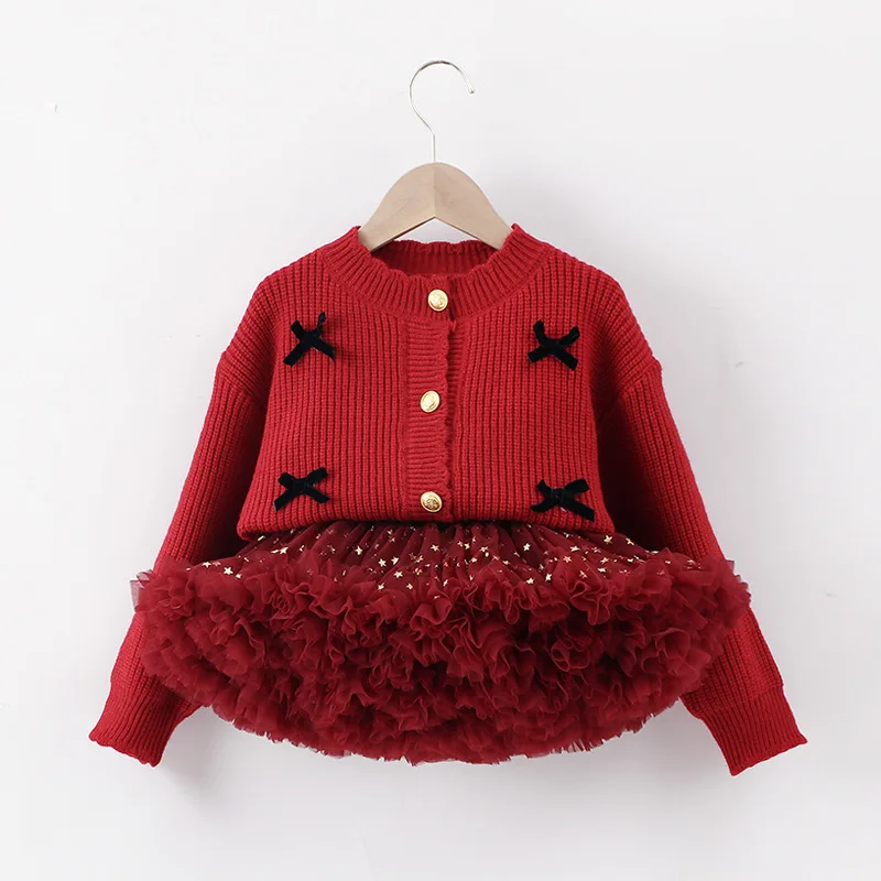 Christmas Girls Clothes Set Thicken Sweater and Tutu Skirt 2024 New Baby Girl Red Bow Knitted Sweater Children New Year Clothing