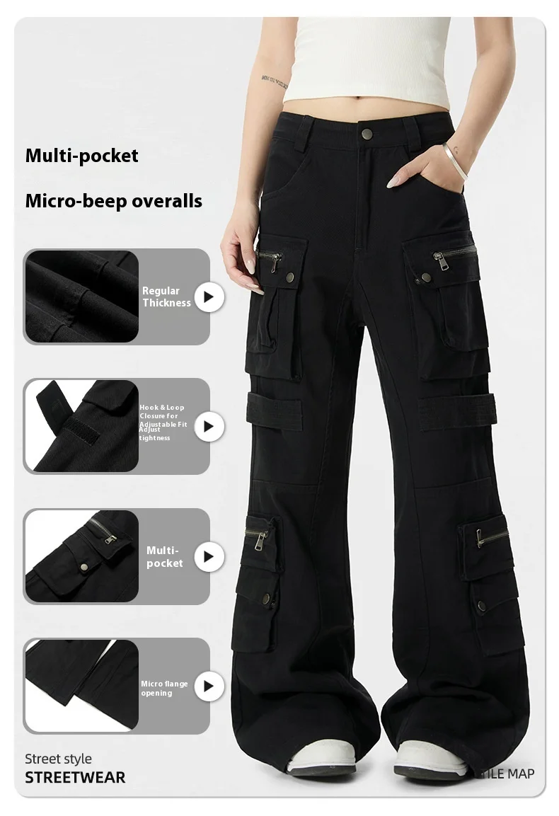 OR FL American High Street Vibe Micro 100 Cotton Women Cargo Trousers Binding Strap Multiple Pockets Women's Staraight Slacks