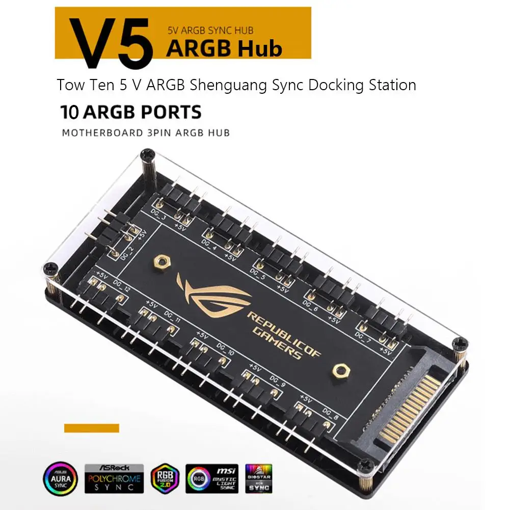 Connector 1 To 10 Port ARGB Splitter Hub 5V 3Pin ARGB Case Fan Hub With Adhesive Base SATA Power For LED Fans Lights