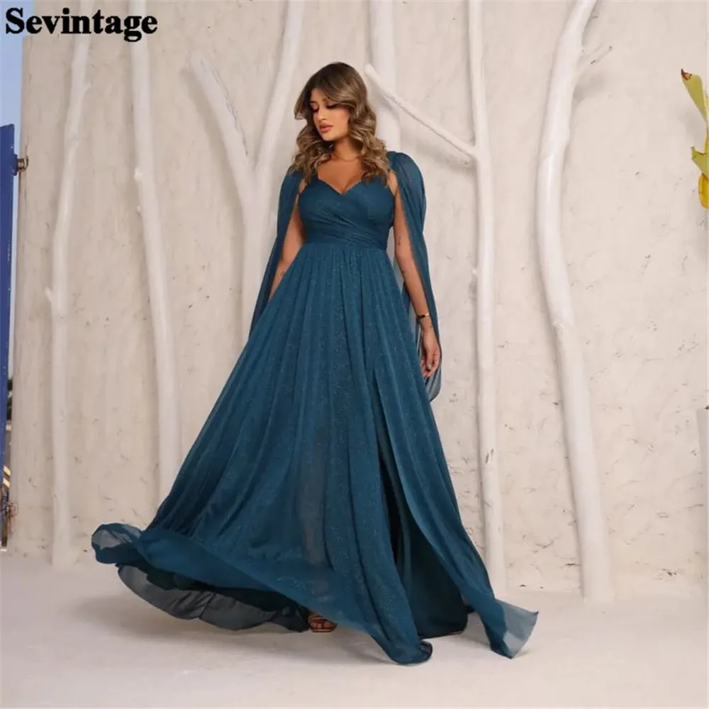 

Sevintage Elegant Teal Blue Chiffon Prom Dresses V-Neck Long Cape Sleeves High Side Slit Party Grown 2024 فساتين للحفلات الراقصة