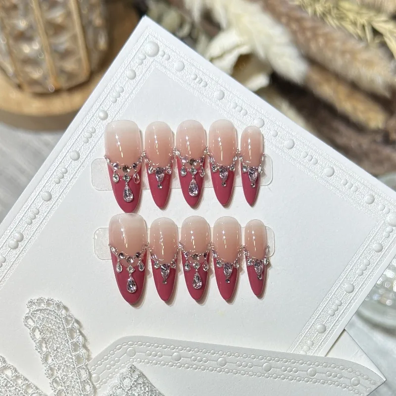 

Искусственные ногти ручной работы 2026 Sweet Pink French Press для девочек, с камнями, на клеевой основе, в коробке с инструментами