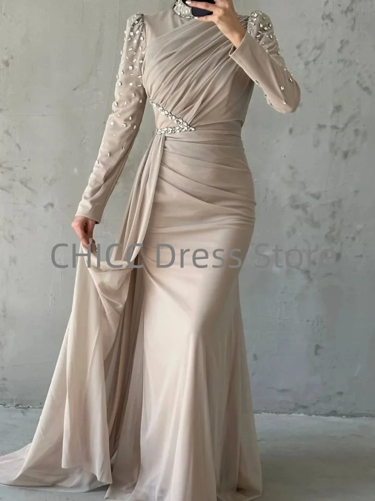 Мусульманские вечерние платья с высоким воротом и длинным рукавом, женское платье русалки со шлейфом и бисером, плиссированное вечернее платье для выпускного вечера по индивидуальному заказу