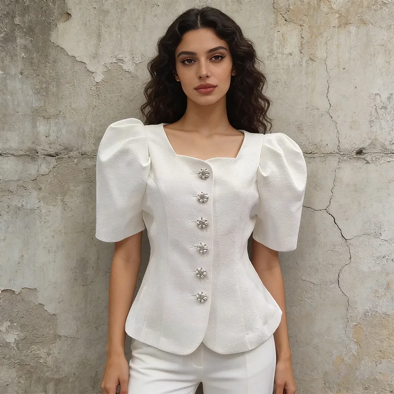 

Новая женская элегантная укороченная блузка в стиле ретро 2026 года, с квадратным вырезом, однотонная, с рукавами-фонариками и приталенным силуэтом