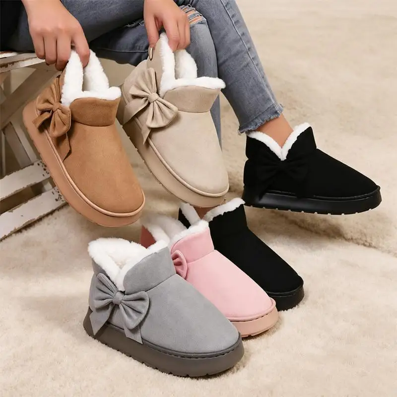 Rosa Schleifenstiefel mit Fleecefutter, Plateau-Schneestiefel für Damen, Winter-Outdoor-Stiefel mit dicker Sohle, Slip-On-Kurzstiefel für Damen, Übergrößen-Plüschstiefeletten – Detail 2