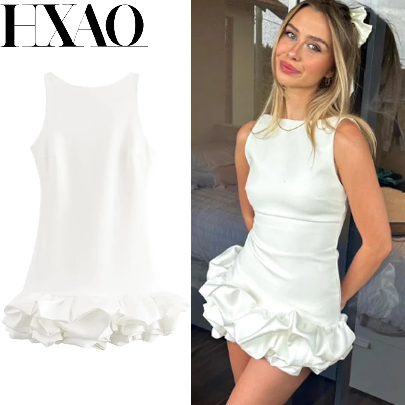 Hxao vestido branco feminino verão sem mangas babados vestidos de festa para mulher bodycon sem costas vestido elegante ruched vestidos curtos