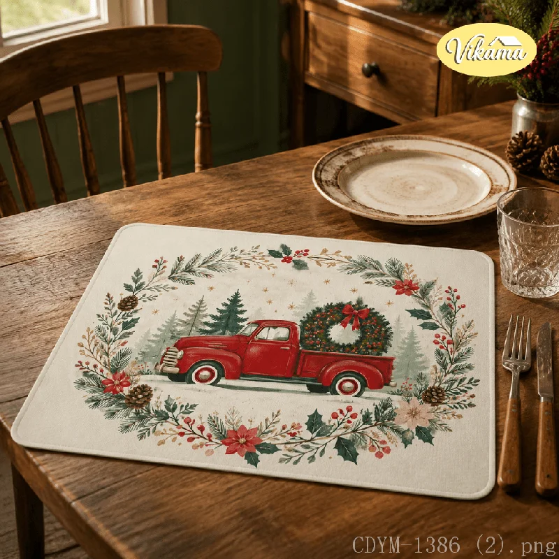 VIKAMA Christmas Placemat Red Vintage Truck Wreath, Waterproof Oil-Proof Heat-Resistant Holiday Table Mat for Home