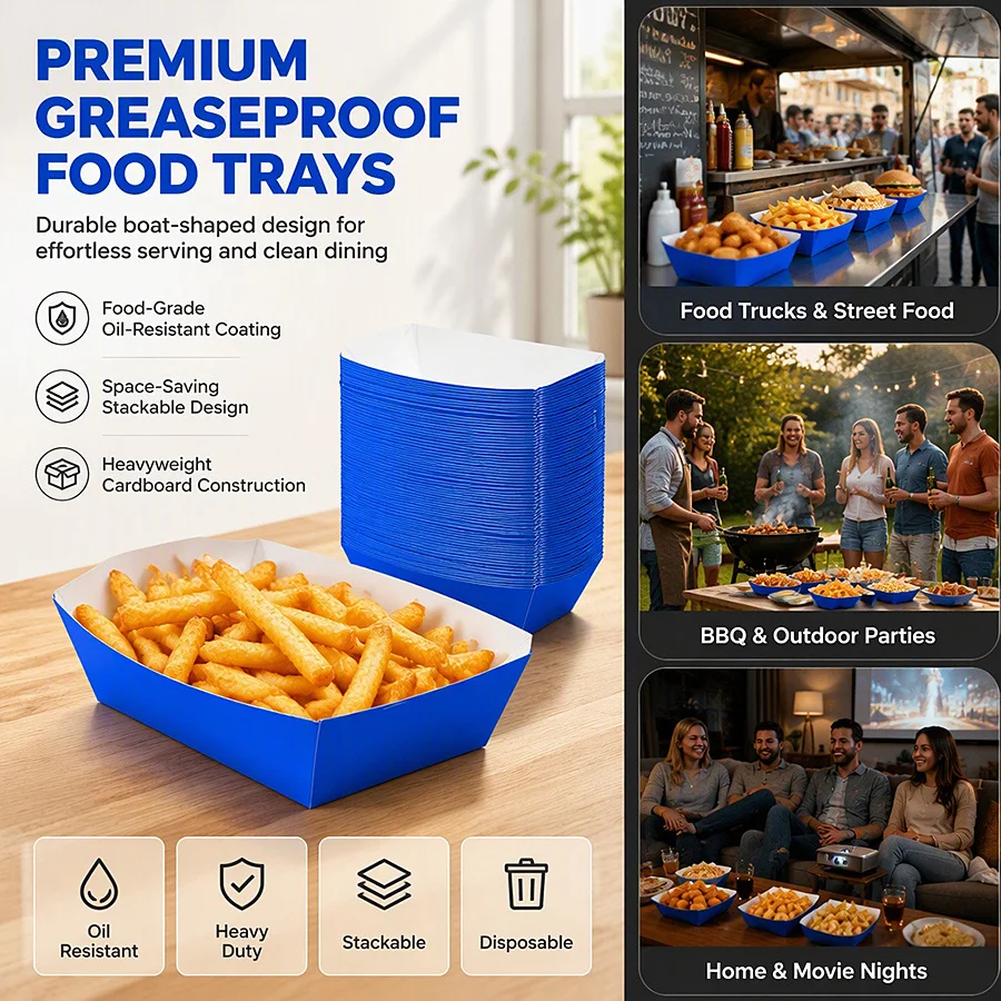 12/24pcs Kraft Paper Food Trays, 4 Colors Heavy-Duty Boat-Shaped, for Nachos Fries Popcorn Tacos Hot Dogs, BBQ Wedding