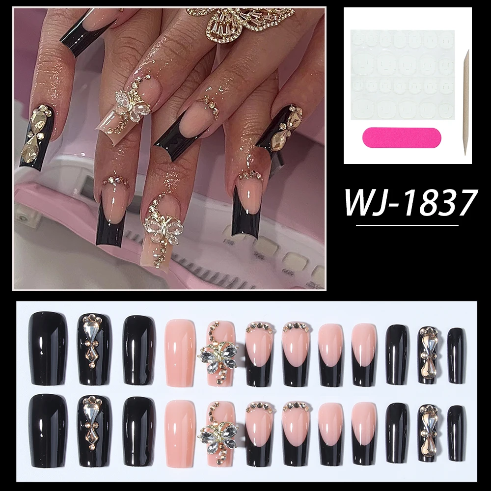 เล็บปลอมอะคริลิคแบบกดติด 24 ชิ้น ทรงสี่เหลี่ยมขนาดกลาง ลายผีเสื้อ 3 มิติ ประดับด้วยเพชร ดีไซน์ปลายเล็บสีดำแบบฝรั่งเศส ยาวพอดี เข้ารูปอย่างสมบูรณ์แบบ