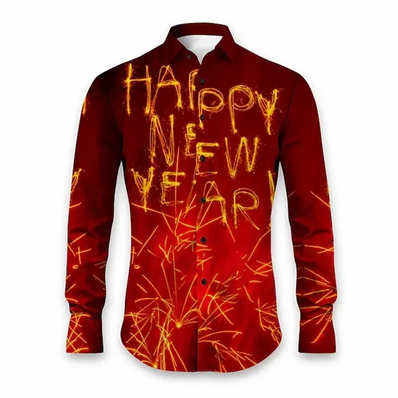 2025 Happy New Year Long Sleeve Shirts For Men Women 3d Print Fireworks Graphic Blouse Shirts Clothes Mens Oversized Tshirt