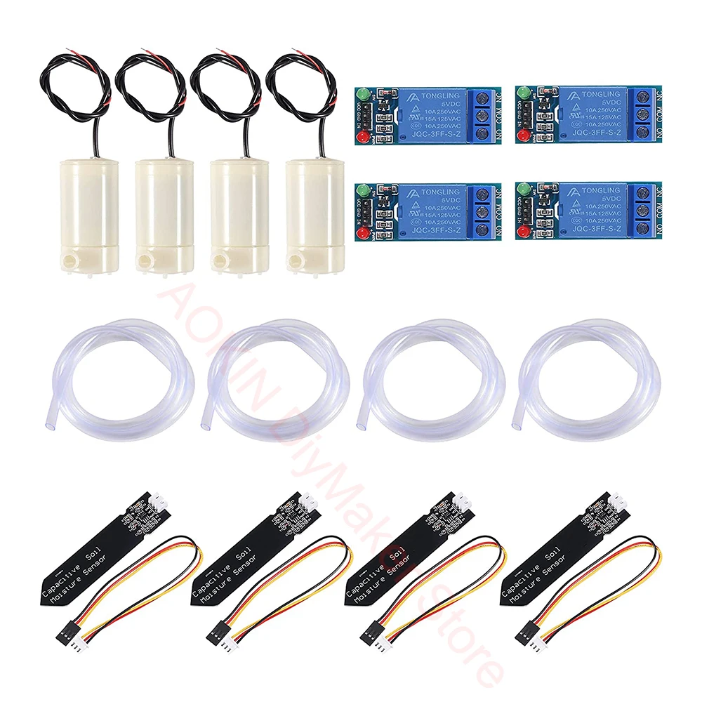 Automatic Irrigation DIY Kit Capacitive Soil Moisture Sensor 1Channel Relay Module Water Pump Vinyl Tubing for Garden Watering