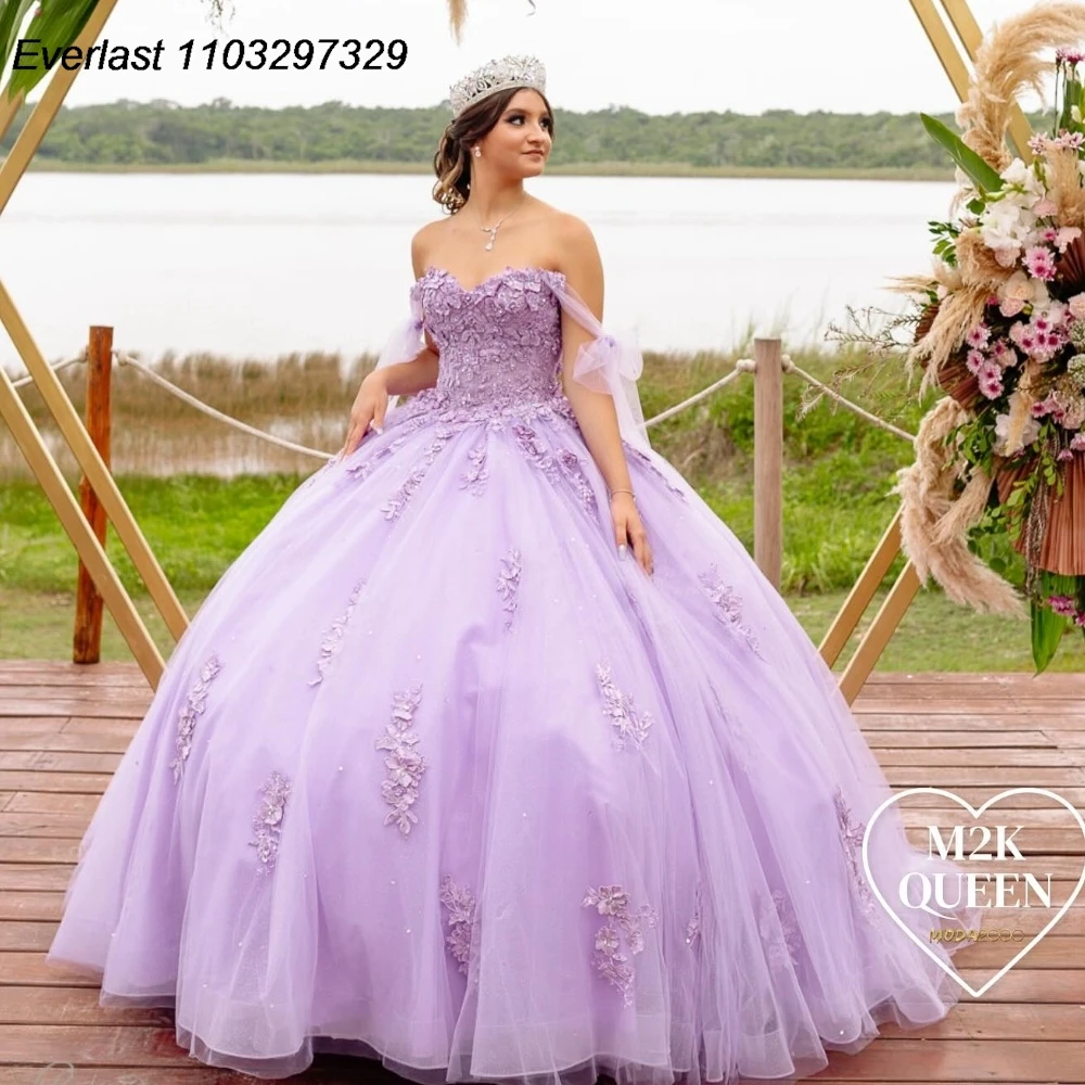 

EVLAST Customized Lilac Quinceanera Dress Ball Gown Lace Applique Beading Tie Corset Mexico Sweet 16 Vestidos De 15 Anos TQD784