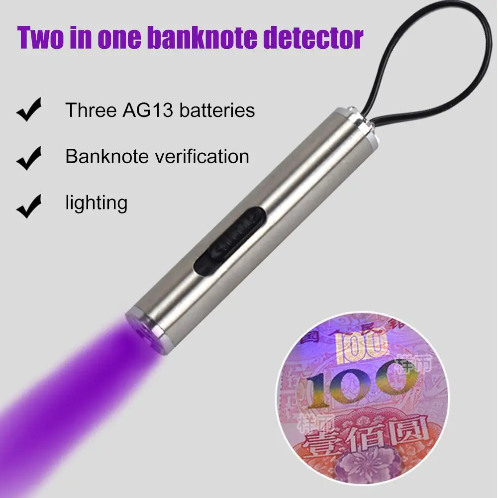 Stainless Steel Pocket Lamp Mini LED UV Flashlight Battery Powered White Purple Light Checker Detection Torch Silver