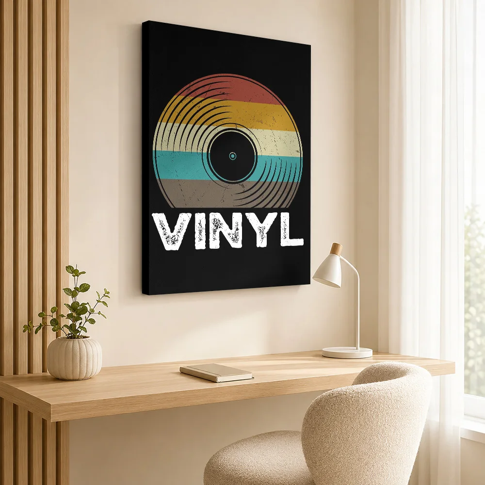 Vinyl Record With Circular Grooves Framed Canvas Print Personalized Photo Retro Black And Cream Wall Art For Home Studio DJ Gift