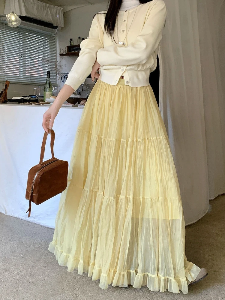 

Fairycore Mesh Ruffled Pleated Maix Skirt Women Sweet Elastic High-waisted Long Skirt Female Slim Fit Holiday Outwear Faldas New