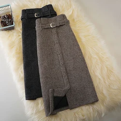 Vintage Plaid Slit Midi Skirts Women Belt Houndstooth Woolen Knitted Split A Line Skirt Winter Korean High Waist Slim Skirt New