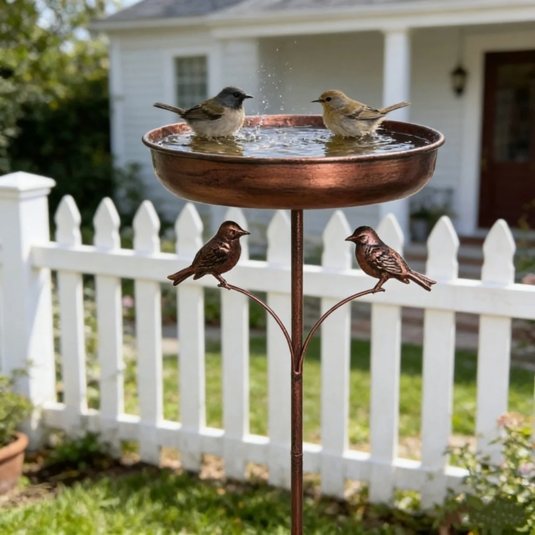 Rustproof Outdoor Vintage Bird Bath And Feeder Combo With 5 Claw Ground Plug Easy To Clean Metal Design Perfect Gift For JJ2497
