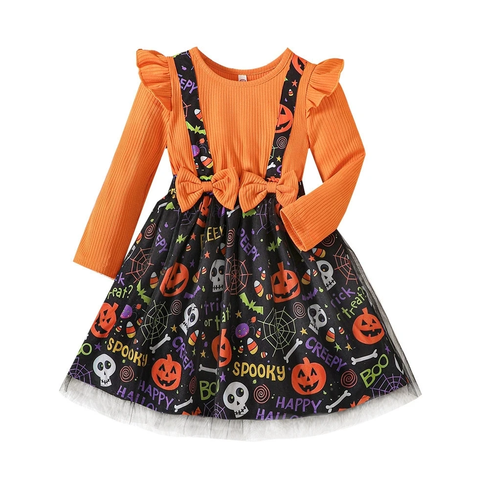 Abito da neonata Abito in rete di Halloween Manica lunga Gonna con stampa di cartoni animati per ragazze per feste autunnali/invernali Abbigliamento per bambini