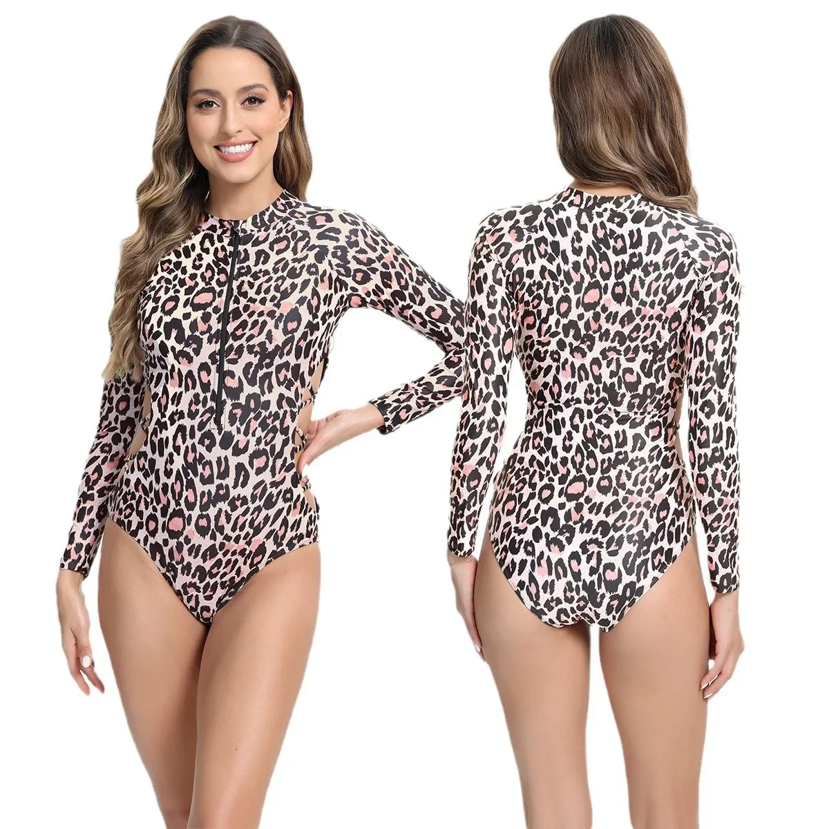 HIAVAVA Leopardo Manga Longa Surf Maiô Com Zíper Mulheres Swimwear Mulheres Bagnantes Maiô Natação Maiô Beachwear