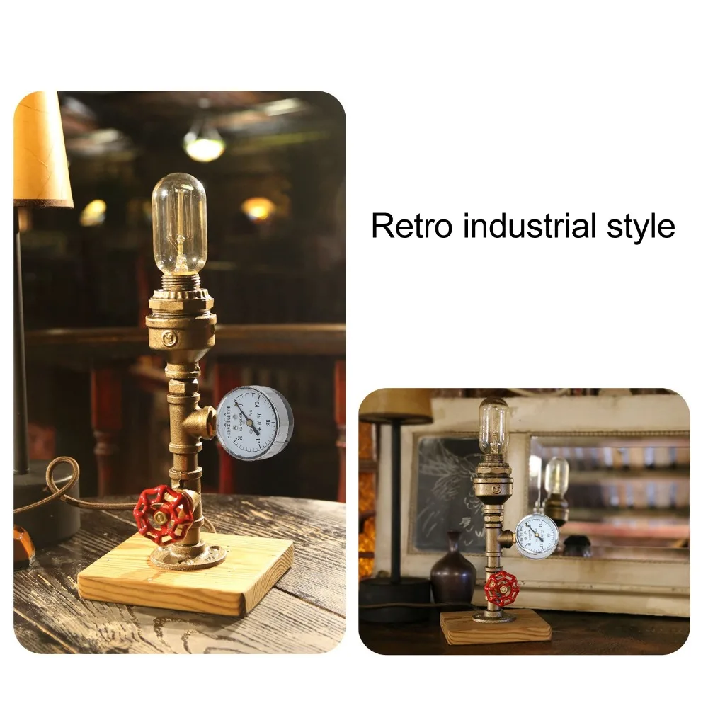 Malleable Steel Water Pipe Lamp Carbonized Pine Wooden Base Iron Pipe Table Light E26 E27 Socket Hand Wheel Switch Table Lamp