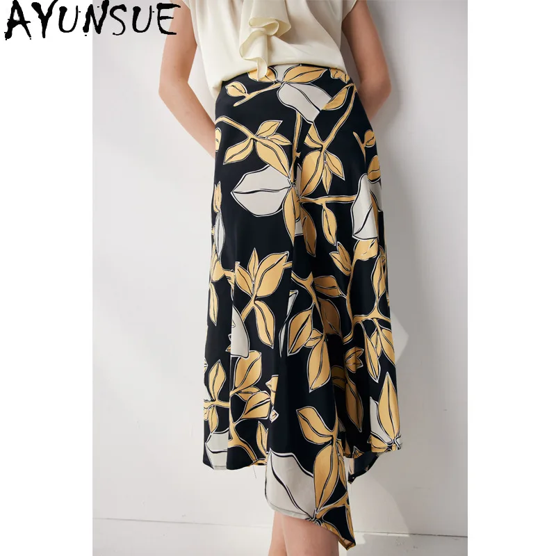AYUNSUE 100% Real Mulberry Silk Women's Skirts Elegant Printed Skirt Spring Summer Clothes Versatile Woman Clothes Юбка Женская
