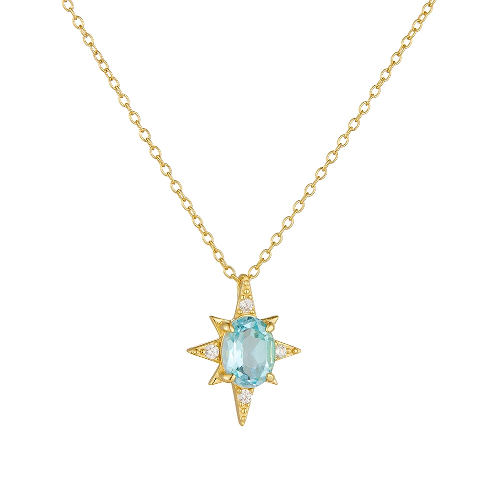 

S925 Sterling Silver Eight-Pointed Star Pendant Necklace with Natural Topaz Sky Blue Lockbone Chain Jewelry Accessory