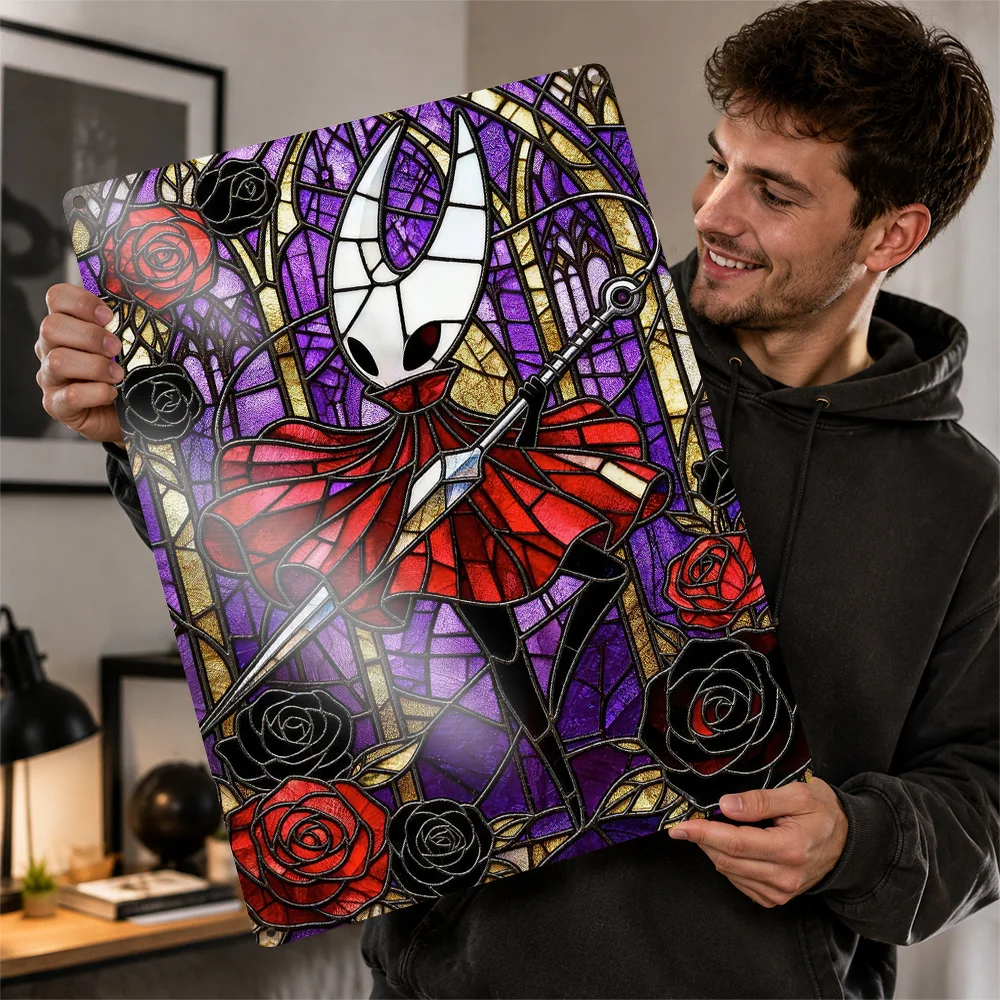 Hornet With Red Rose Aluminum Poster Stained Glass Wall Art For Home Office Personalized Metal Sign Video Game Fan Gift Idea