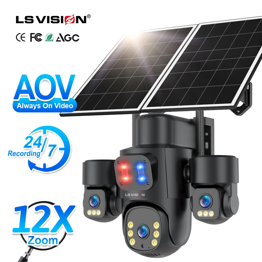 4G CCTV Solar Camera Panel PTZ Network Surveillance HD 6MP 12X Zoom Outdoor AI Three Lens Three Screen  IP
