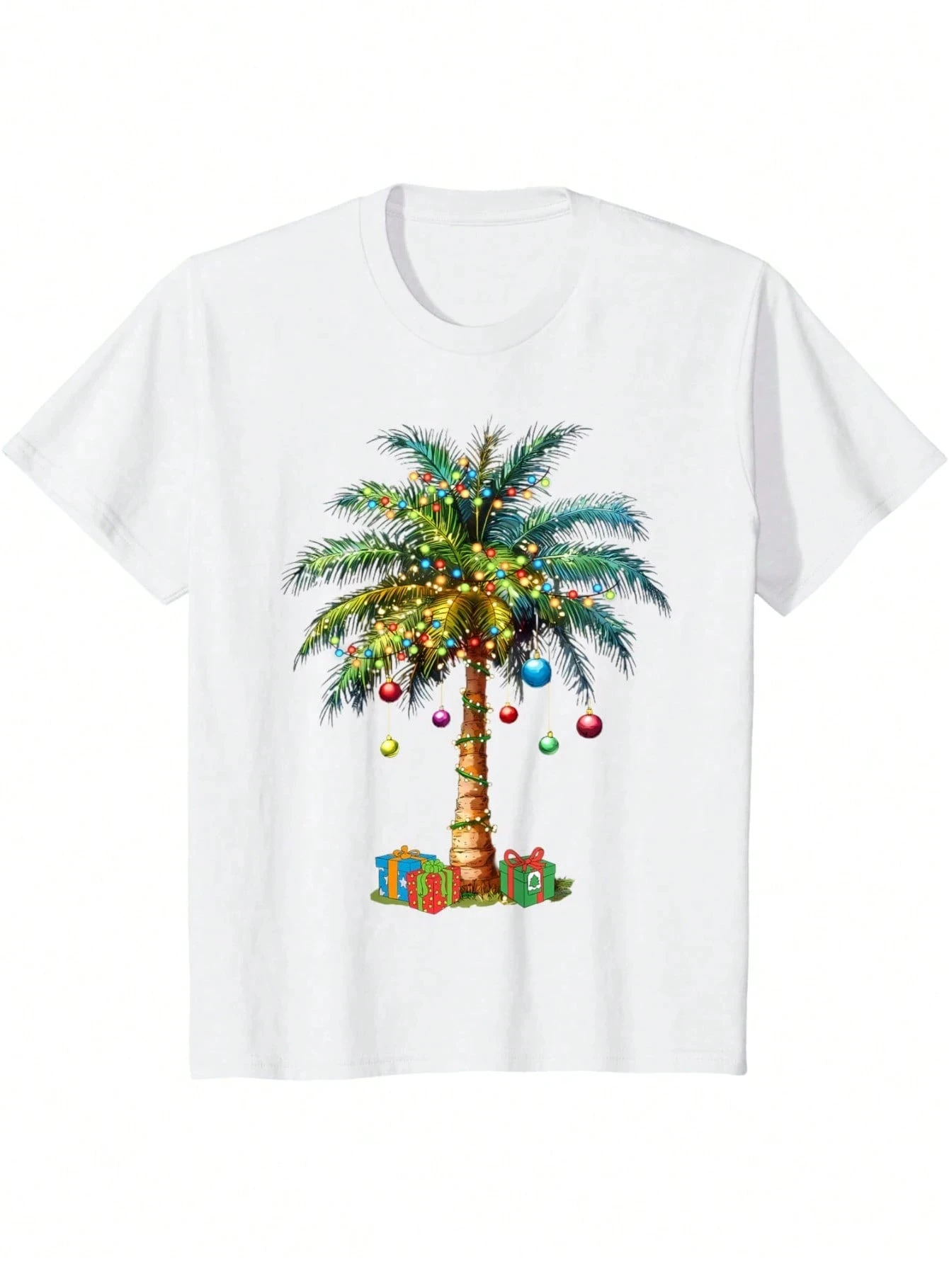 

Men Tropical Christmas Hawaiian Santa Xmas Lights Palm Tree T-Shirt Funny Graphic Tshirts For MenRound Neck Loose Casual Tees
