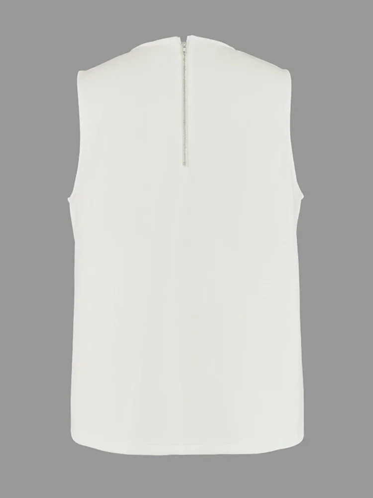 女性用ホワイトノースリーブトップス ポケットベストトップス 2025新作 ラウンドネック Aライン ルーズ カジュアル サマーTシャツ