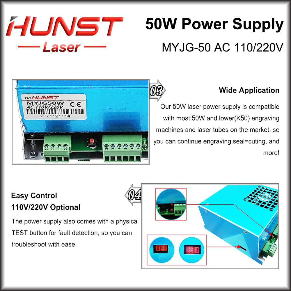 Imagem -05 - Laser Power Supply Laser Generator para Gravação Máquina de Corte Tubo de Vidro Myjg50w 110v 220v 40w 50w 60w Hunst-co2