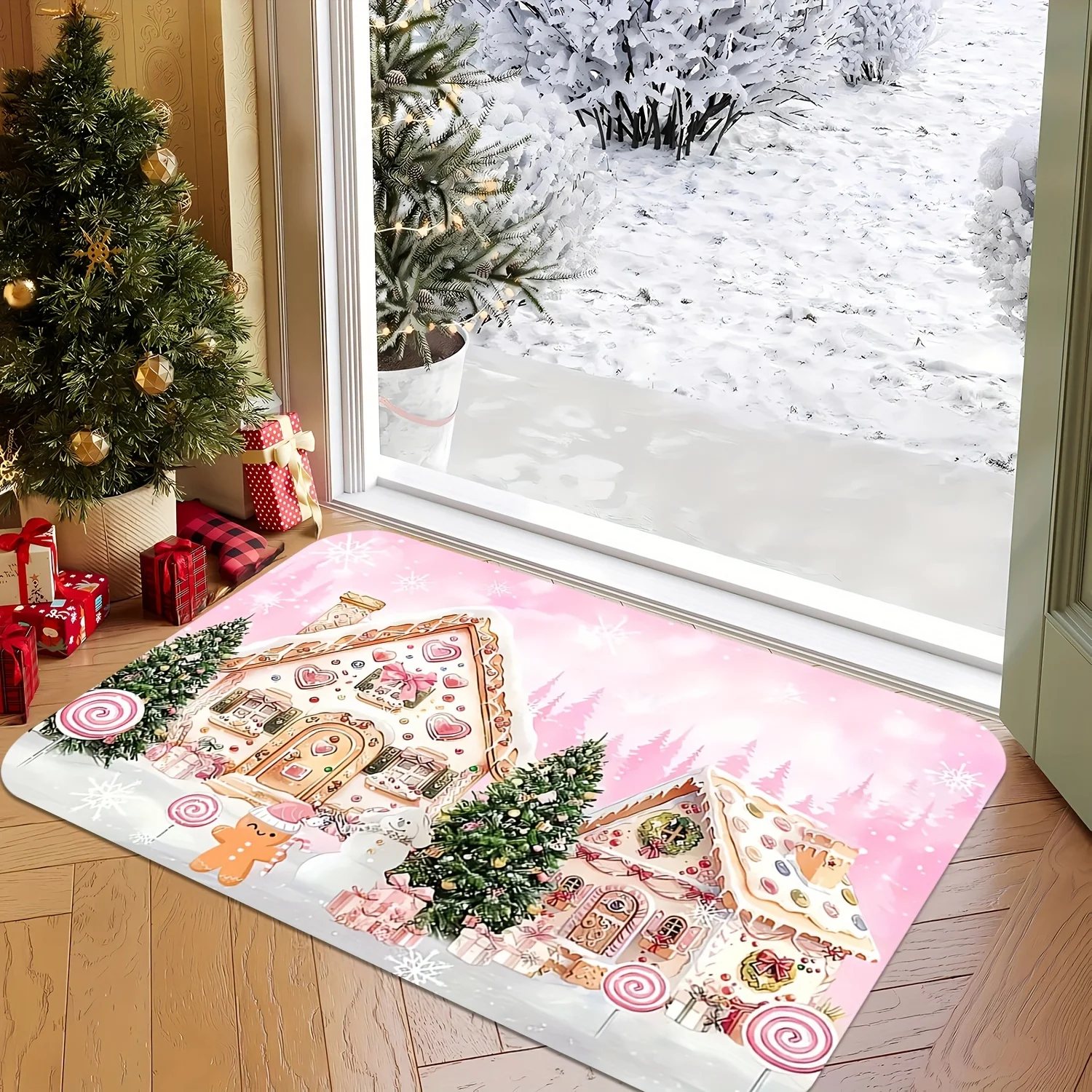 Festive Christmas Doormat with Gingerbread Man House Candy Design Bathroom Non-silp Pad Suitable for Home Decorate Accessory Rug