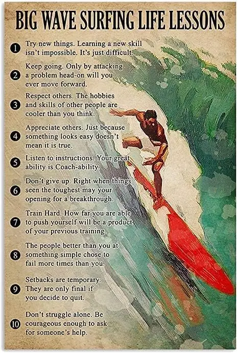 Surfers Metal Tin Sign Club Decor Big Wave Surfing Life Lessons Poster Wall Decoration For Home Bar Beach Decor Retro Plaque 12X