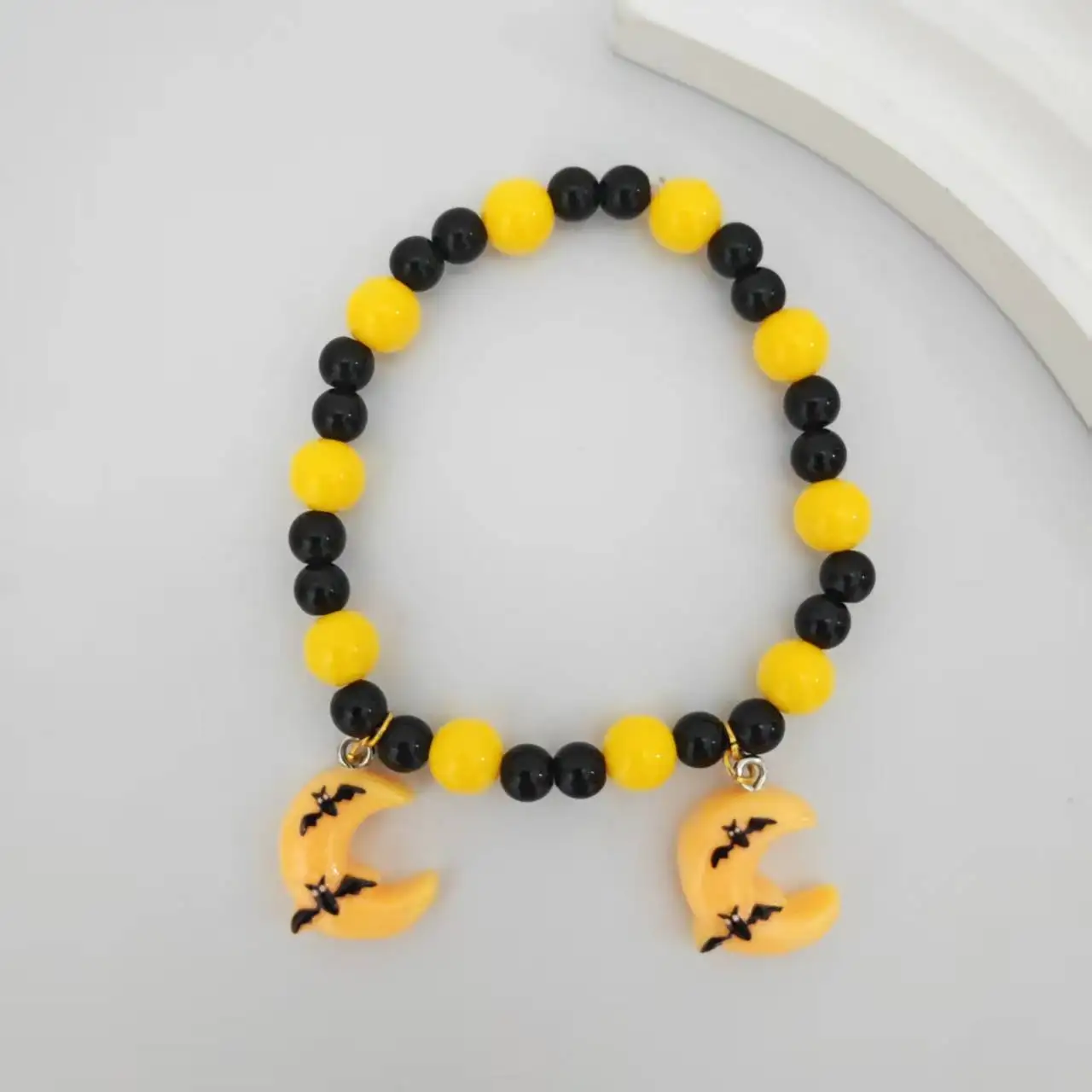 

Yellow Black Beads 1PC holiday Halloween bracelet handmade bead bracelet with moon bat pendant